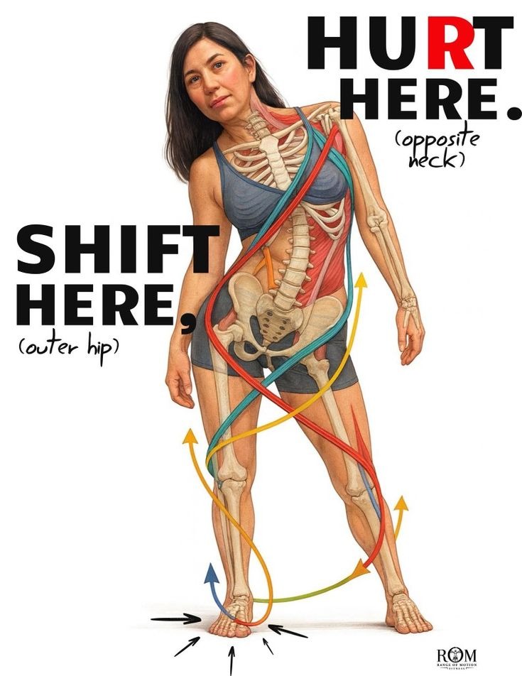 Anatomical illustration showing how fascial lines connect through the body from foot to neck
