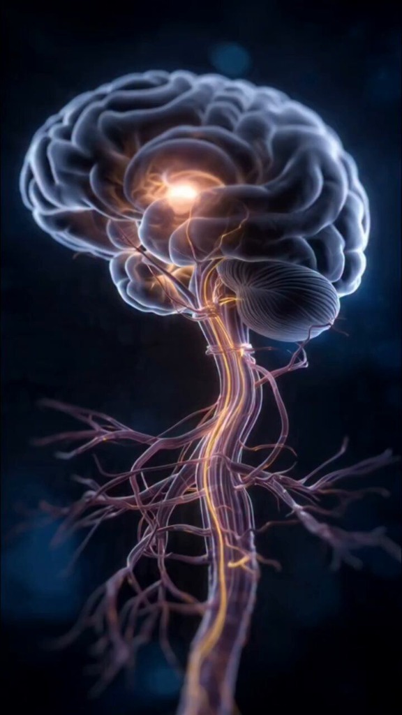 Brain and nervous system illustration showing signal pathways through the body