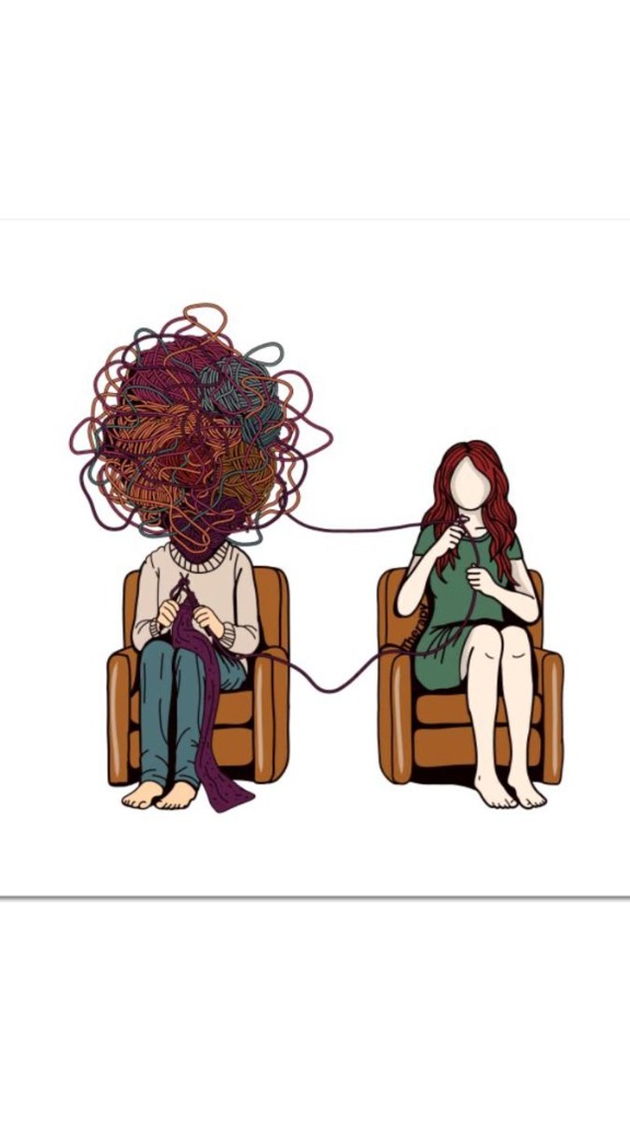 Original illustration of a fascia release therapist and client working together. The client has a chaotic tangle of yarn for a head, and they are both knitting/unraveling the patterns together, showing a collaborative effort to bring order and ease to the system.